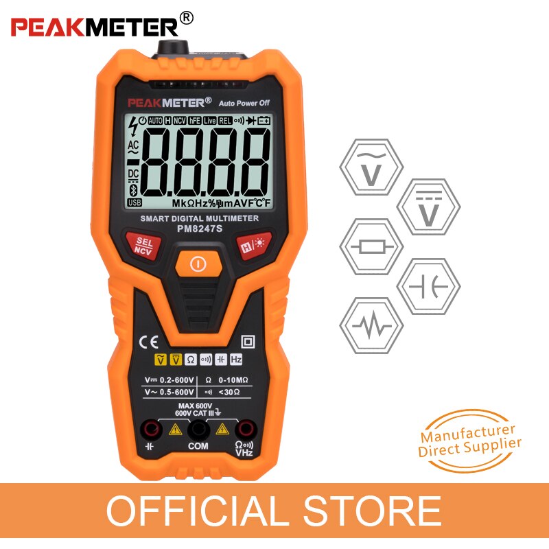 PEAKMETER PM8247S NCV 주파수 백라이트가있는 스마트 오토 오렌지 전문 디지털 멀티 미터 전압계